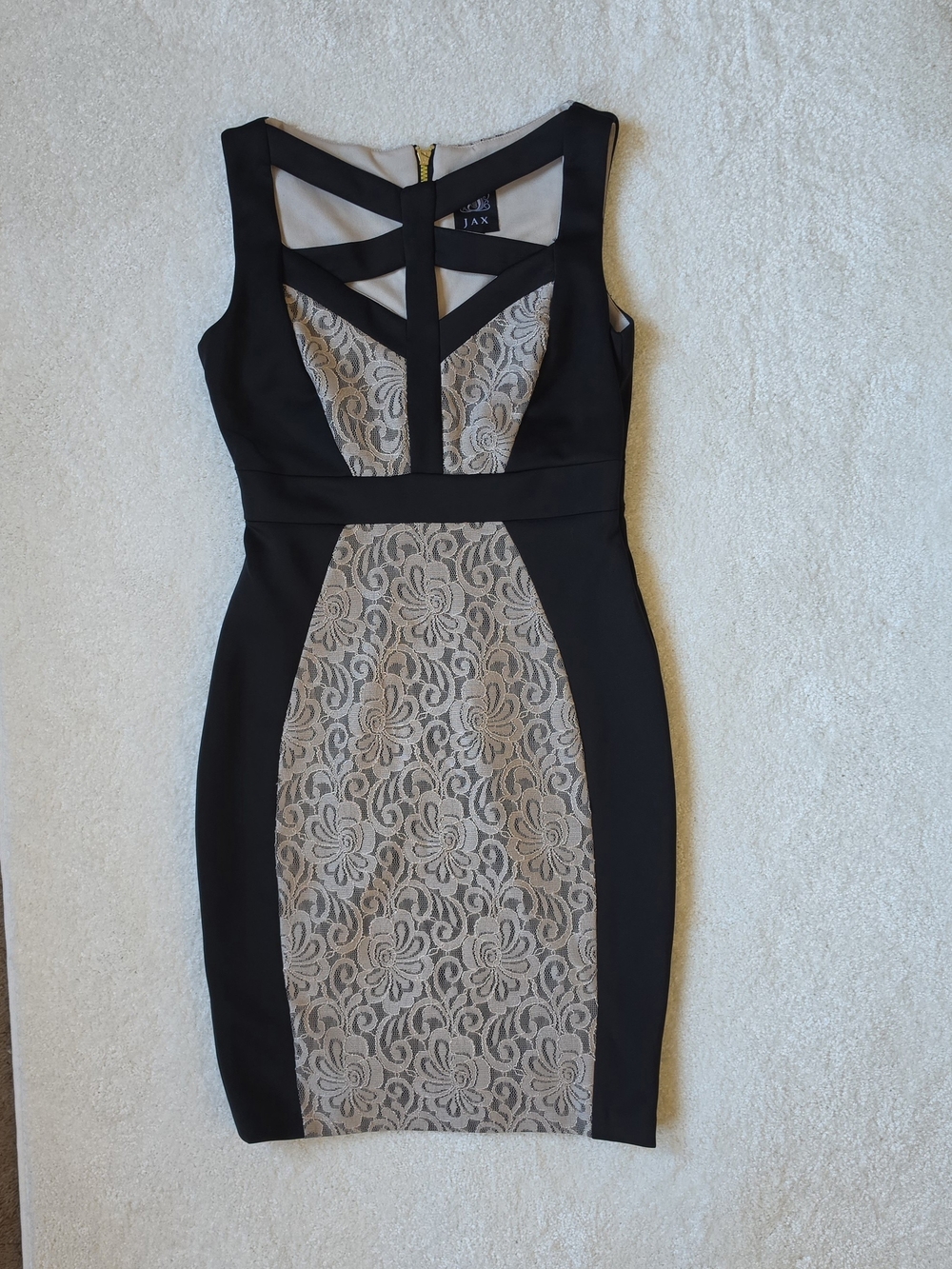JAX Black and Beige Lace Panel Sheath Dress